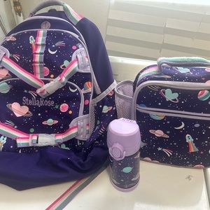 Pottery barn kids McKenzie backpack, lunchbox and water bottle in purple galaxy